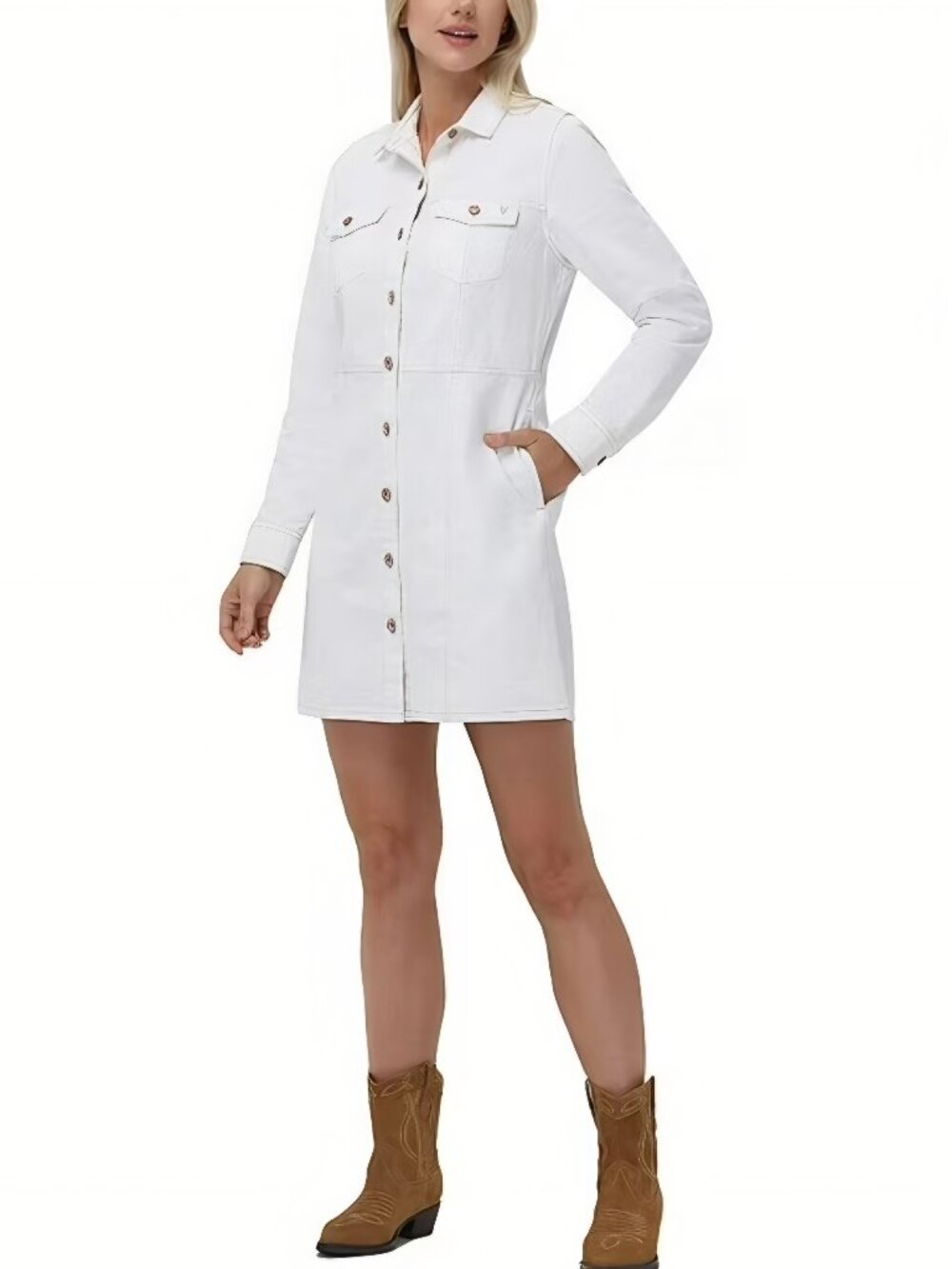 Frye Womens Denim Button Front Long Sleeve Mini Shirt Dress Size L Cream Western